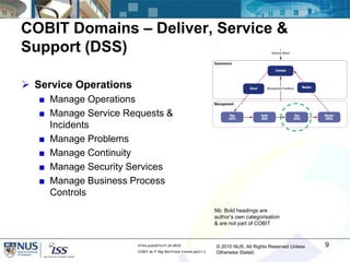 © 2010 NUS. All Rights Reserved Unless
Otherwise Stated.
ATA/Lucid/2010-01-25 MUS/
COBIT as IT Mgt Bst-Prctce Frmwrk.ppt/v1.0
COBIT Domains – Deliver, Service &
Support (DSS)
 Service Operations
■ Manage Operations
■ Manage Service Requests &
Incidents
■ Manage Problems
■ Manage Continuity
■ Manage Security Services
■ Manage Business Process
Controls
9
Nb: Bold headings are
author’s own categorisation
& are not part of COBIT
 