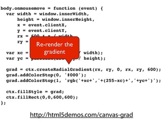 body.onmousemove = function (event) {
  var width = window.innerWidth,
      height = window.innerHeight,
      x = event.clientX,
      y = event.clientY,
      rx = 600 * x / width,
      ry = 600 * y / width;
                Re-render the
     var xc =      gradient
              parseInt(256 * x / width);
     var yc = parseInt(256 * y / height);

     grad = ctx.createRadialGradient(rx, ry, 0, rx, ry, 600);
     grad.addColorStop(0, '#000');
     grad.addColorStop(1, 'rgb('+xc+','+(255-xc)+','+yc+')');

     ctx.fillStyle = grad;
     ctx.fillRect(0,0,600,600);
};

             http://html5demos.com/canvas-grad
 