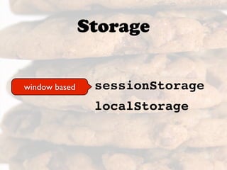 Storage


window based    sessionStorage
                localStorage
 