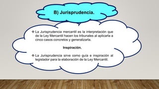  La Jurisprudencia mercantil es la interpretación que
de la Ley Mercantil hacen los tribunales al aplicarla a
cinco casos concretos y generalizarla.
Inspiración.
 La Jurisprudencia sirve como guía e inspiración al
legislador para la elaboración de la Ley Mercantil.
B) Jurisprudencia.
 
