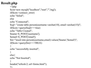 Result.php
<?php
$con=new mysqli("localhost","root","",'trgj');
if($con->connect_error)
echo "failed";
else
echo "Connected";
$sql= "create table person(username varchar(10), email varchar(15))";
if($con->query($sql)===true)
echo "Table Created";
$name=$_POST['username'];
$email=$_POST['email'];
$in="insert into person(username,email) values('$name','$email')";
if($con->query($in)===TRUE)
{
echo "successfully inserted";
}
else{
echo "Not Inserted";
}
header("refresh:2; url=forms.html");
?>
 
