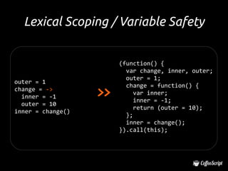 Lexical Scoping / Variable Safety


                        (function() {
                          var change, inner, outer;
                          outer = 1;
outer = 1

                   >>
                          change = function() {
change = ->
                             var inner;
  inner = -1
                             inner = -1;
  outer = 10
                             return (outer = 10);
inner = change()
                          };
                          inner = change();
                        }).call(this);
 