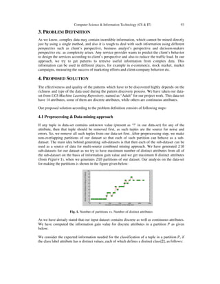 Computer Science & Information Technology (CS & IT) 93
3. PROBLEM DEFINITION
As we know, complex data may contain incredible information, which cannot be mined directly
just by using a single method, and also it is tough to deal with such information using different
perspective such as client’s perspective, business analyst’s perspective and decision-makers
perspective etc. as complexity arises. Any service provider wants to predict the client’s behavior
to design the services according to client’s perspective and also to reduce the traffic load. In our
approach, we try to get patterns to retrieve useful information from complex data. This
information can be used in different places, for example in e-commerce, stock market, market
campaigns, measuring the success of marketing efforts and client-company behavior etc.
4. PROPOSED SOLUTION
The effectiveness and quality of the patterns which have to be discovered highly depends on the
richness and type of the data used during the pattern discovery process. We have taken our data-
set from UCI-Machine Learning Repository, named as “Adult” for our project work. This data-set
have 14 attributes, some of them are discrete attributes, while others are continuous attributes.
Our proposed solution according to the problem definition consists of following steps:
4.1 Preprocessing & Data mining approach
If any tuple in data-set contains unknown value (present as ‘?’ in our data-set) for any of the
attribute, then that tuple should be removed first, as such tuples are the source for noise and
errors. So, we remove all such tuples from our data-set first. After preprocessing step, we make
non-overlapping partitions of our dataset so that each of such partition can behave as a sub-
dataset. The main idea behind generating sub-datasets is that then each of the sub-dataset can be
used as a source of data for multi-source combined mining approach. We have generated 210
sub-datasets for our dataset as we try to have maximum number of distinct attributes from all of
the sub-dataset on the basis of information gain value and we get maximum 8 distinct attributes
(from ‫݁ݎݑ݃݅ܨ‬ 1), when we generates 210 partitions of our dataset. Our analysis on the data-set
for making the partitions is shown in the figure given below:
Fig. 1. Number of partitions vs. Number of distinct attributes
As we have already stated that our input dataset contains discrete as well as continuous attributes.
We have computed the information gain value for discrete attributes in a partition ܲ as given
below:
We consider the expected information needed for the classification of a tuple in a partition ܲ, if
the class label attribute has n distinct values, each of which defines a distinct class[2], as follows:
 