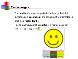 Raster Images
 The quality of a raster image is determined by the total
number pixels (resolution), and the amount of information in
each pixel (color depth).
 Raster graphics cannot be scaled to a higher resolution
without loss of apparent quality.
 