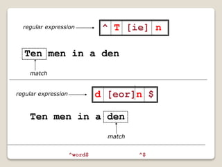 Ten men in a den
match
regular expression ^ T [ie] n
regular expression d [eor]n $
Ten men in a den
match
^$^word$
 