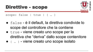 AngularJS
Advanced
17.07.2014
Direttive - scope
scope: false | true | { … }
● false - è il default, la direttiva condivide lo
scope del controllore che la contiene
● true - viene creato uno scope per la
direttiva che “deriva” dallo scope contenitore
● { … } - viene creato uno scope isolato
 