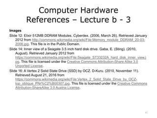 Computer Hardware
References – Lecture b - 3
Images
Slide 12: Elixir 512MB DDRAM Modules. Cyberdex. (2006, March 26). Retrieved January
2012 from http://commons.wikimedia.org/wiki/File:Memory_module_DDRAM_20-03-
2006.jpg. This file is in the Public Domain.
Slide 14: Inner view of a Seagate 3.5 inch hard disk drive. Gaba, E. (Sting). (2010,
August). Retrieved January 2012 from
https://commons.wikimedia.org/wiki/File:Seagate_ST33232A_hard_disk_inner_view.j
pg. This file is licensed under the Creative Commons Attribution-Share Alike 3.0
Unported License.
Slide 16: A Vertex 2 Solid State Drive (SSD) by OCZ. D-Kuru. (2010, November 11).
Retrieved August 21, 2016 from
https://commons.wikimedia.org/wiki/File:Vertex_2_Solid_State_Drive_by_OCZ-
top_oblique_PNr%C2%B00307.jpg. This file is licensed under the Creative Commons
Attribution-ShareAlike 3.0 Austria License.
47
 