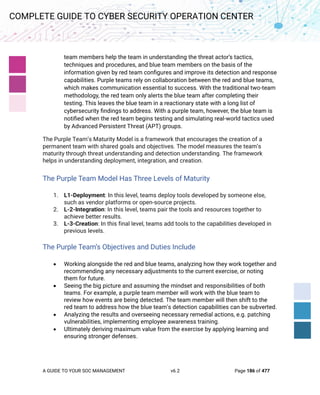 A GUIDE TO YOUR SOC MANAGEMENT v6.2 Page 186 of 477
COMPLETE GUIDE TO CYBER SECURITY OPERATION CENTER
team members help the team in understanding the threat actor’s tactics,
techniques and procedures, and blue team members on the basis of the
information given by red team configures and improve its detection and response
capabilities. Purple teams rely on collaboration between the red and blue teams,
which makes communication essential to success. With the traditional two-team
methodology, the red team only alerts the blue team after completing their
testing. This leaves the blue team in a reactionary state with a long list of
cybersecurity findings to address. With a purple team, however, the blue team is
notified when the red team begins testing and simulating real-world tactics used
by Advanced Persistent Threat (APT) groups.
The Purple Team’s Maturity Model is a framework that encourages the creation of a
permanent team with shared goals and objectives. The model measures the team’s
maturity through threat understanding and detection understanding. The framework
helps in understanding deployment, integration, and creation.
The Purple Team Model Has Three Levels of Maturity
1. L1-Deployment: In this level, teams deploy tools developed by someone else,
such as vendor platforms or open-source projects.
2. L-2-Integration: In this level, teams pair the tools and resources together to
achieve better results.
3. L-3-Creation: In this final level, teams add tools to the capabilities developed in
previous levels.
The Purple Team’s Objectives and Duties Include
• Working alongside the red and blue teams, analyzing how they work together and
recommending any necessary adjustments to the current exercise, or noting
them for future.
• Seeing the big picture and assuming the mindset and responsibilities of both
teams. For example, a purple team member will work with the blue team to
review how events are being detected. The team member will then shift to the
red team to address how the blue team’s detection capabilities can be subverted.
• Analyzing the results and overseeing necessary remedial actions, e.g. patching
vulnerabilities, implementing employee awareness training.
• Ultimately deriving maximum value from the exercise by applying learning and
ensuring stronger defenses.
 
