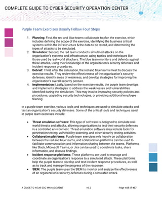 A GUIDE TO YOUR SOC MANAGEMENT v6.2 Page 187 of 477
COMPLETE GUIDE TO CYBER SECURITY OPERATION CENTER
Purple Team Exercises Usually Follow Four Steps
1. Planning: First, the red and blue teams collaborate to plan the exercise, which
includes defining the scope of the exercise, identifying the business critical
systems within the infrastructure & the data to be tested, and determining the
types of attacks to be simulated.
2. Simulation: Second, the red team conducts simulated attacks on the
organization’s systems and infrastructure, using tactics and techniques like
those used by real-world attackers. The blue team monitors and defends against
these attacks, using their knowledge of the organization’s security defenses and
incident response procedures.
3. Debrief: Third, after the simulation, the red and blue teams meet to discuss the
exercise results. They review the effectiveness of the organization’s security
defenses, identify areas of weakness, and develop strategies for improving the
organization’s overall security posture.
4. Implementation: Lastly, based on the exercise results, the purple team develops
and implements strategies to address the weaknesses and vulnerabilities
identified during the simulation. This may involve improving security policies and
procedures, upgrading security technologies, or providing additional employee
training.
In a purple team exercise, various tools and techniques are used to simulate attacks and
test an organization's security defenses. Some of the critical tools and techniques used
in purple team exercises include:
• Threat emulation software: This type of software is designed to simulate real-
world threats and attacks, allowing organizations to test their security defenses
in a controlled environment. Threat emulation software may include tools for
penetration testing, vulnerability scanning, and other security testing activities.
• Collaboration platforms: Purple team exercises rely heavily on collaboration
between the red and blue teams, and collaboration platforms can be used to
facilitate communication and information sharing between the teams. Platforms
like Slack, Microsoft Teams, or Jira can be used to coordinate tasks, share
information, and discuss findings.
• Incident response platforms: These platforms are used to manage and
coordinate an organization's response to a simulated attack. These platforms
help the purple team to develop and test incident response procedures, as well
as to track and manage the progress of the response.
• SIEM: The purple team uses the SIEM to monitor and analyze the effectiveness
of an organization's security defenses during a simulated attack.
 