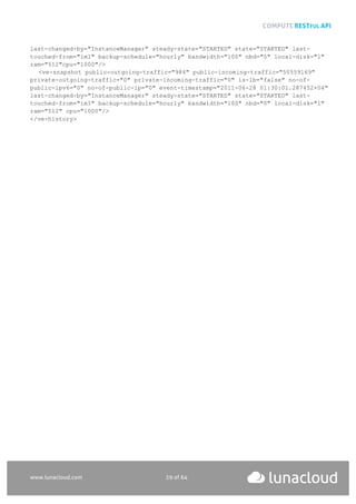 COMPUTE RESTFUL API
www.lunacloud.com 29 of 64
last-changed-by="InstanceManager" steady-state="STARTED" state="STARTED" last-
touched-from="im1" backup-schedule="hourly" bandwidth="100" nbd="0" local-disk="1"
ram="512"cpu="1000"/>
<ve-snapshot public-outgoing-traffic="984" public-incoming-traffic="50559169"
private-outgoing-traffic="0" private-incoming-traffic="0" is-lb="false" no-of-
public-ipv6="0" no-of-public-ip="0" event-timestamp="2011-06-28 01:30:01.287452+04"
last-changed-by="InstanceManager" steady-state="STARTED" state="STARTED" last-
touched-from="im1" backup-schedule="hourly" bandwidth="100" nbd="0" local-disk="1"
ram="512" cpu="1000"/>
</ve-history>
 