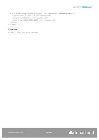 COMPUTE RESTFUL API
www.lunacloud.com 35 of 64
<rule name="http" protocol="TCP" local-port="80" remote-port="2">
<remote-net>192.168.3.0/24</remote-net>
<remote-net>192.168.4.0</remote-net>
<remote-net>DEAD:BEEF:ABCD::/64</remote-net>
</rule>
</firewall>
Response
Firewall configuration started
 