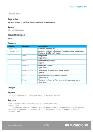 COMPUTE RESTFUL API
www.lunacloud.com 40 of 64
List Images
Description
Use this request to obtain a list of the existing server images.
Syntax
GET baseURL/image
Request Parameters
None
Response
Element Attribute Description
image-list Container for image list.
image-info Container for image information. This element may appear more
than once (one for each image).
name Image name.
Type: string
size Image size, in gigabytes.
Type: int
created Image creation date.
Type: string
subscription-id Subscription ID to which this image belongs.
Type: int
load-balancer Specifies whether this is a load balancer.
Type: boolean
image-of The name of the server from which this image was created.
Type: string
Example
Request
GET http://apicontrol.lunacloud.com:4465/paci/v1.0/image
Response
<?xml version="1.0" encoding="UTF-8" standalone="yes"?>
<image-list>
<image-info image-of="Web40" active="true" load-balancer="true" subscription-
id="100001" created="2011-09-01 19:19:17.84091+04" size="2" name="lbimage"/>
</image-list>
 