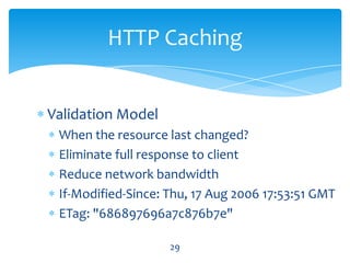 Validation Model
When the resource last changed?
Eliminate full response to client
Reduce network bandwidth
If-Modified-Since: Thu, 17 Aug 2006 17:53:51 GMT
ETag: "686897696a7c876b7e"
HTTP Caching
29
 