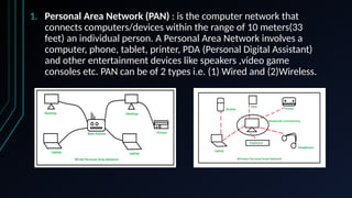1. Personal Area Network (PAN) : is the computer network that
connects computers/devices within the range of 10 meters(33
feet) an individual person. A Personal Area Network involves a
computer, phone, tablet, printer, PDA (Personal Digital Assistant)
and other entertainment devices like speakers ,video game
consoles etc. PAN can be of 2 types i.e. (1) Wired and (2)Wireless.
 
