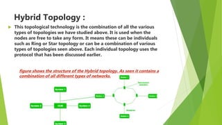 Hybrid Topology :
 This topological technology is the combination of all the various
types of topologies we have studied above. It is used when the
nodes are free to take any form. It means these can be individuals
such as Ring or Star topology or can be a combination of various
types of topologies seen above. Each individual topology uses the
protocol that has been discussed earlier.
figure shows the structure of the Hybrid topology. As seen it contains a
combination of all different types of networks.
 