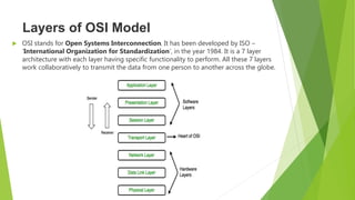 Layers of OSI Model
 OSI stands for Open Systems Interconnection. It has been developed by ISO –
‘International Organization for Standardization‘, in the year 1984. It is a 7 layer
architecture with each layer having specific functionality to perform. All these 7 layers
work collaboratively to transmit the data from one person to another across the globe.
 