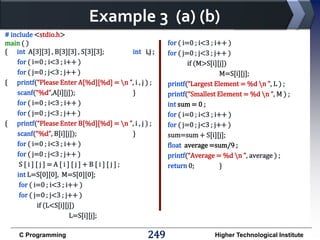 Example 3 (a) (b)
# include <stdio.h>
main ( )
{ int A[3][3] , B[3][3] , S[3][3];
int i,j ;
for ( i=0 ; i<3 ; i++ )
for ( j=0 ; j<3 ; j++ )
{ printf(“Please Enter A[%d][%d] = n ”, i , j ) ;
scanf(“%d”,A[i][j]);
}
for ( i=0 ; i<3 ; i++ )
for ( j=0 ; j<3 ; j++ )
{ printf(“Please Enter B[%d][%d] = n ”, i , j ) ;
scanf(“%d”, B[i][j]);
}
for ( i=0 ; i<3 ; i++ )
for ( j=0 ; j<3 ; j++ )
S[i][j]=A[i][j]+B[i][j];
int L=S[0][0], M=S[0][0];
for ( i=0 ; i<3 ; i++ )
for ( j=0 ; j<3 ; j++ )
if (L<S[i][j])
L=S[i][j];
C Programming

249

for ( i=0 ; i<3 ; i++ )
for ( j=0 ; j<3 ; j++ )
if (M>S[i][j])
M=S[i][j];
printf(“Largest Element = %d n ”, L ) ;
printf(“Smallest Element = %d n ”, M ) ;
int sum = 0 ;
for ( i=0 ; i<3 ; i++ )
for ( j=0 ; j<3 ; j++ )
sum=sum + S[i][j];
float average =sum/9 ;
printf(“Average = %d n ”, average ) ;
return 0;
}

Higher Technological Institute

 