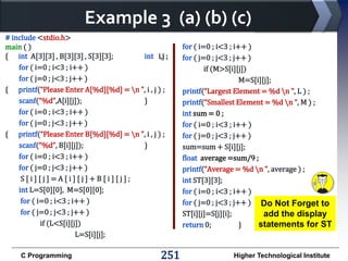 Example 3 (a) (b) (c)
# include <stdio.h>
main ( )
{ int A[3][3] , B[3][3] , S[3][3];
int i,j ;
for ( i=0 ; i<3 ; i++ )
for ( j=0 ; j<3 ; j++ )
{ printf(“Please Enter A[%d][%d] = n ”, i , j ) ;
scanf(“%d”,A[i][j]);
}
for ( i=0 ; i<3 ; i++ )
for ( j=0 ; j<3 ; j++ )
{ printf(“Please Enter B[%d][%d] = n ”, i , j ) ;
scanf(“%d”, B[i][j]);
}
for ( i=0 ; i<3 ; i++ )
for ( j=0 ; j<3 ; j++ )
S[i][j]=A[i][j]+B[i][j];
int L=S[0][0], M=S[0][0];
for ( i=0 ; i<3 ; i++ )
for ( j=0 ; j<3 ; j++ )
if (L<S[i][j])
L=S[i][j];
C Programming

251

for ( i=0 ; i<3 ; i++ )
for ( j=0 ; j<3 ; j++ )
if (M>S[i][j])
M=S[i][j];
printf(“Largest Element = %d n ”, L ) ;
printf(“Smallest Element = %d n ”, M ) ;
int sum = 0 ;
for ( i=0 ; i<3 ; i++ )
for ( j=0 ; j<3 ; j++ )
sum=sum + S[i][j];
float average =sum/9 ;
printf(“Average = %d n ”, average ) ;
int ST[3][3];
for ( i=0 ; i<3 ; i++ )
for ( j=0 ; j<3 ; j++ ) Do Not Forget to
ST[i][j]=S[j][i];
add the display
statements for ST
return 0;
}

Higher Technological Institute

 