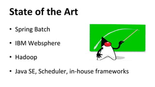 State 
of 
the 
Art 
• Spring 
Batch 
• IBM 
Websphere 
• Hadoop 
• Java 
SE, 
Scheduler, 
in-­‐house 
frameworks 
 