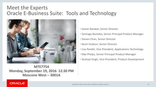Copyright © 2016, Oracle and/or its affiliates. All rights reserved. |
MTE7754
Monday, September 19, 2016 12:30 PM
Moscone West – 3001A
64
• Samer Barakat, Senior Director
• Santiago Bastidas, Senior Principal Product Manager
• Steven Chan, Senior Director
• Kevin Hudson, Senior Director
• Lisa Parekh, Vice President, Applications Technology
• Elke Phelps, Senior Principal Product Manager
• Veshaal Singh, Vice-President, Product Development
Meet the Experts
Oracle E-Business Suite: Tools and Technology
 