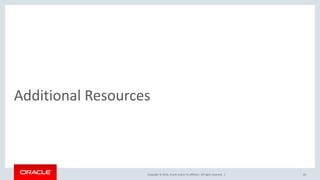 Copyright © 2016, Oracle and/or its affiliates. All rights reserved. |
Additional Resources
43
 