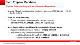 Plan: Prepare Database
Plan for Database Upgrade as a Separate Down time
 Upgrade RDBMS version to latest certified for the current APPS level ( 11.2.0.3 /

11.1.0.7 / 10.2.0.5


Tune Init.ora Parameters:
– Ensure mandatory init.ora parameters are set correctly.
– MOS ID 396009.1 & 216205.1 (R12 & 11i respectively)

 Apply Required Patches & Fixes/Workarounds for Known Issues
– Recommended Performance Patches - MOS ID 244040.1
– Required Patching – Interoperability Notes
 11gR1 Certified with 11i and R12 – MOS ID
 11gR2 Certified with 11i – MOS ID 881505

29

Copyright © 2013, Oracle and/or its affiliates. All rights reserved.

452783.1 & 735276.1

 
