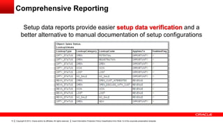 Copyright © 2013, Oracle and/or its affiliates. All rights reserved. Insert Information Protection Policy Classification from Slide 12 of the corporate presentation template13
Comprehensive Reporting
Setup data reports provide easier setup data verification and a
better alternative to manual documentation of setup configurations
 