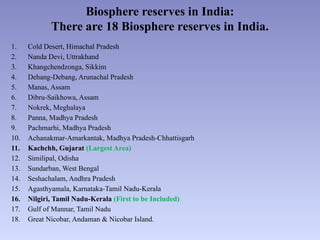 Biosphere reserves in India:
There are 18 Biosphere reserves in India.
1. Cold Desert, Himachal Pradesh
2. Nanda Devi, Uttrakhand
3. Khangchendzonga, Sikkim
4. Dehang-Debang, Arunachal Pradesh
5. Manas, Assam
6. Dibru-Saikhowa, Assam
7. Nokrek, Meghalaya
8. Panna, Madhya Pradesh
9. Pachmarhi, Madhya Pradesh
10. Achanakmar-Amarkantak, Madhya Pradesh-Chhattisgarh
11. Kachchh, Gujarat (Largest Area)
12. Similipal, Odisha
13. Sundarban, West Bengal
14. Seshachalam, Andhra Pradesh
15. Agasthyamala, Karnataka-Tamil Nadu-Kerala
16. Nilgiri, Tamil Nadu-Kerala (First to be Included)
17. Gulf of Mannar, Tamil Nadu
18. Great Nicobar, Andaman & Nicobar Island.
 