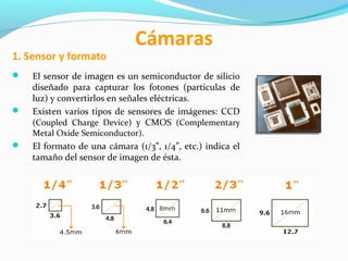 1. Sensor y formato




Cámaras

El sensor de imagen es un semiconductor de silicio
diseñado para capturar los fotones (particulas de
luz) y convertirlos en señales eléctricas.
Existen varios tipos de sensores de imágenes: CCD
(Coupled Charge Device) y CMOS (Complementary
Metal Oxide Semiconductor).



El formato de una cámara (1/3”, 1/4”, etc.) indica el
tamaño del sensor de imagen de ésta.

 