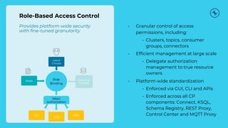 Role-Based Access Control
Provides platform-wide security
with fine-tuned granularity
• Granular control of access
permissions, including:
• Clusters, topics, consumer
groups, connectors
• Efficient management at large scale
• Delegate authorization
management to true resource
owners
• Platform-wide standardization
• Enforced via GUI, CLI and APIs
• Enforced across all CP
components: Connect, KSQL,
Schema Registry, REST Proxy,
Control Center and MQTT Proxy
Users/
Groups
Roles Resource
scoping
CLI GUI API
Role
Binding
RBAC
authorization
7
 