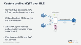 © 2020, Amazon Web Services, Inc. or its Affiliates.
Custom profile: MQTT over BLE
• Connect BLE devices to AWS
IoT via mobile devices as proxy
• iOS and Android SDKs provide
the proxy libraries
• Amazon Cognito handles
authentication between proxy
and AWS IoT
• Enables use of OTA and AWS
IoT services
Amazon
Cognito
AWS IoT
Core
 