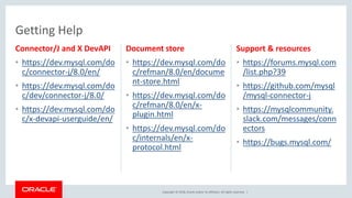 Copyright © 2018, Oracle and/or its affiliates. All rights reserved. |
Connector/J and X DevAPI
• https://dev.mysql.com/do
c/connector-j/8.0/en/
• https://dev.mysql.com/do
c/dev/connector-j/8.0/
• https://dev.mysql.com/do
c/x-devapi-userguide/en/
Document store
• https://dev.mysql.com/do
c/refman/8.0/en/docume
nt-store.html
• https://dev.mysql.com/do
c/refman/8.0/en/x-
plugin.html
• https://dev.mysql.com/do
c/internals/en/x-
protocol.html
Support & resources
• https://forums.mysql.com
/list.php?39
• https://github.com/mysql
/mysql-connector-j
• https://mysqlcommunity.
slack.com/messages/conn
ectors
• https://bugs.mysql.com/
Getting Help
 
