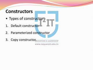 Constructors
• Types of constructor:
1. Default constructor
2. Parameterized constructor
3. Copy constructor.
 