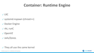 ©2018 Lacework, Inc. Confidential and Proprietary.
Container: Runtime Engine
✓ LXC
✓ systemd-nspawn (chroot++)
✓ Docker Engine
✓ rkt, runC
✓ OpenVZ
✓ Jails/Zones
✓ They all use the same kernel
 