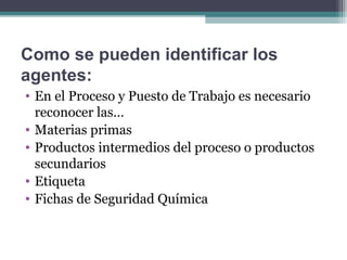 Como se pueden identificar los
agentes:
• En el Proceso y Puesto de Trabajo es necesario
reconocer las…
• Materias primas
• Productos intermedios del proceso o productos
secundarios
• Etiqueta
• Fichas de Seguridad Química
 