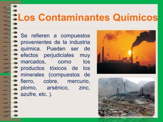 Los Contaminantes Químicos
Se refieren a compuestos
provenientes de la industria
química. Pueden ser de
efectos perjudiciales muy
marcados, como los
productos tóxicos de los
minerales (compuestos de
fierro, cobre, mercurio,
plomo, arsénico, zinc,
azufre, etc. ).
 