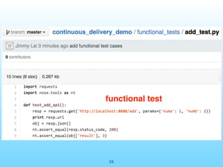 Functional Test of 
RESTful API 
https://github.com/jimmylai/continuous_delivery_demo/tree/ 
master/functional_tests 
 