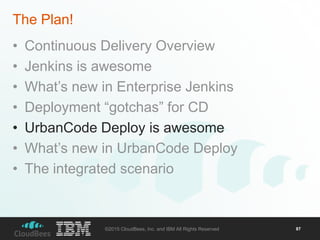 ©2015 CloudBees, Inc. and IBM All Rights Reserved 87
The Plan!
• Continuous Delivery Overview
• Jenkins is awesome
• What’s new in Enterprise Jenkins
• Deployment “gotchas” for CD
• UrbanCode Deploy is awesome
• What’s new in UrbanCode Deploy
• The integrated scenario
 