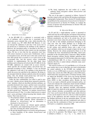 JUNG et al.: CONTROL CLOUD DATA ACCESS PRIVILEGE AND ANONYMITY 191
Fig. 1. General ﬂow of our scheme.
In the KP-ABE [3], a ciphertext is associated with a
set of attributes, and a private key is associated with a
monotonic access structure like a tree, which describes this
user’s identity (e.g. IIT AND (Ph.D OR Master)). A user
can decrypt the ciphertext if and only if the access tree in
his private key is satisﬁed by the attributes in the ciphertext.
However, the encryption policy is described in the keys, so
the encrypter does not have entire control over the encryption
policy. He has to trust that the key generators issue keys
with correct structures to correct users. Furthermore, when a
re-encryption occurs, all of the users in the same system must
have their private keys re-issued so as to gain access to the
re-encrypted ﬁles, and this process causes considerable
problems in implementation. On the other hand, those
problems and overhead are all solved in the CP-ABE [4]. In the
CP-ABE, ciphertexts are created with an access structure,
which speciﬁes the encryption policy, and private keys are
generated according to users’ attributes. A user can decrypt
the ciphertext if and only if his attributes in the private key
satisfy the access tree speciﬁed in the ciphertext. By doing so,
the encrypter holds the ultimate authority about the encryption
policy. Also, the already issued private keys will never be
modiﬁed unless the whole system reboots.
Unlike the data conﬁdentiality, less effort is paid to pro-
tect users’ identity privacy during those interactive protocols.
Users’ identities, which are described with their attributes, are
generally disclosed to key issuers, and the issuers issue private
keys according to their attributes. But it seems natural that
users are willing to keep their identities secret while they still
get their private keys. Therefore, we propose AnonyControl
and AnonyControl-F (Fig. 1) to allow cloud servers to control
users’ access privileges without knowing their identity infor-
mation. Their main merits are:
1) The proposed schemes are able to protect user’s privacy
against each single authority. Partial information is
disclosed in AnonyControl and no information is
disclosed in AnonyControl-F.
2) The proposed schemes are tolerant against authority
compromise, and compromising of up to (N −2) author-
ities does not bring the whole system down.
3) We provide detailed analysis on security and performance
to show feasibility of the scheme AnonyControl and
AnonyControl-F.
4) We ﬁrstly implement the real toolkit of a multi-
authority based encryption scheme AnonyControl and
AnonyControl-F.
The rest of the paper is organized as follows. Section II
describes related works and Section III introduces preliminary
cryptographic backgrounds. Then, Section IV formally deﬁnes
our problem for the construction of AnonyControl in Section V
and AnonyControl-F in Section VI. Finally, we evaluate the
security in Section VII and performance in Section VIII, and
conclude in Section IX.
II. RELATED WORK
In [5] and [6], a multi-authority system is presented in
which each user has an ID and they can interact with each key
generator (authority) using different pseudonyms. One user’s
different pseudonyms are tied to his private key, but key
generators never know about the private keys, and thus they
are not able to link multiple pseudonyms belonging to the
same user. Also, the whole attributes set is divided into
N disjoint sets and managed by N attributes authorities.
In this setting, each authority knows only a part of any
user’s attributes, which are not enough to ﬁgure out the user’s
identity. However, the scheme proposed by Chase et al. [6]
considered the basic threshold-based KP-ABE, which lacks
generality in the encryption policy expression. Many attribute
based encryption schemes having multiple authorities have
been proposed afterwards [7]–[10], but they either also employ
a threshold-based ABE [7], or have a semi-honest central
authority [8]–[10], or cannot tolerate arbitrarily many users’
collusion attack [7].
The work by Lewko et al. [11] and Muller et al. [12] are the
most similar ones to ours in that they also tried to decentralize
the central authority in the CP-ABE into multiple ones.
Lewko et al. use a LSSS matrix as an access structure, but their
scheme only converts the AND, OR gates to the LSSS matrix,
which limits their encryption policy to boolean formula, while
we inherit the ﬂexibility of the access tree having threshold
gates. Muller et al. also supports only Disjunctive Normal
Form (DNF) in their encryption policy. Besides the fact
that we can express arbitrarily general encryption policy, our
system also tolerates the compromise attack towards attributes
authorities, which is not covered in many existing works.
Recently, there also appeared traceable multi-authority
ABE [13] and [14], which are on the opposite direction of ours.
Those schemes introduce accountability such that malicious
users’ keys can be traced. On the other hand, similar direction
as ours can be found in [15]–[17], who try to hide encryption
policy in the ciphertexts, but their solutions do not prevent
the attribute disclosure in the key generation phase. To some
extent, these three works and ours complement each other in
the sense that the combination of these two types protection
will lead to a completely anonymous ABE.
III. PRELIMINARIES
Let G0 be a multiplicative cyclic group of prime order
p and g be its generator. The bilinear map e ( [18], [19])
is deﬁned as follows: e : G0 × G0 → GT , where GT is
 