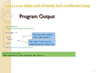 Program OutputProgram Output
1 # Fig. 3.26: fig03_26.py
2 # Using the continue statement in a for/in structure.
3
4 for x in range( 1, 11 ):
5
6 if x == 5:
7 continue
8
9 print x,
10
11 print "nUsed continue to skip printing the value 5"
60
1 2 3 4 6 7 8 9 10
Used continue to skip printing the value 5
The value 5 will never be
output but all the others will
The loop will continue
if the value equals 5
continue skips rest of body but continues loop
 