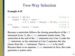 23
Example 4-15
if (hours > 40.0); //Line 1
wages = 40.0 * rate +
1.5 * rate * (hours - 40.0); //Line 2
else //Line 3
wages = hours * rate; //Line 4
Because a semicolon follows the closing parenthesis of the if
statement (Line 1), the else statement stands alone. The
semicolon at the end of the if statement (see Line 1) ends the
if statement, so the statement at Line 2 separates the else
clause from the if statement. That is, else is by itself.
Because there is no separate else statement in Java, this code
generates a syntax error.
Two-Way Selection
 