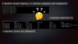 > docker stack deploy -c docker-compose.yml phpworld
🤔
?
? ?
?
> docker service ls
> docker stack ps phpworld
 
