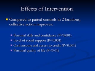 Effects of Intervention
   Compared to paired controls in 2 locations,
    collective action improves:

     Personal skills and confidence (P<0.001)
     Level of social support (P<0.001)
     Cash income and access to credit (P<0.001)
     Personal quality of life (P<0.01)
 