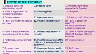 POWERS OF THE PRESIDENT
1. Executive power and
administrative control
9. Budgeting power 17. Power to approve bills
enacted by the Congress
2. Power of appointment and
temporary designation
10. Informing power 18. Veto power
3. Ordinance power 11. Power over aliens 19. Power to certify bill as urgent
4. Power over military and calling
out power
12. Power of eminent domain 20. Power to concur with
COMELEC
Re: deputization of law
enforcement agencies
5. Power to proclaim Marshall
Law and suspend the privilege
13. Power to direct escheat or
reversion
21. Power to remove or discipline
COMELEC-deputized officer or
employee
6. Pardoning power and amnesty
power
14. Power to reserve lands of the
public and private domain of the
government
22. Emergency power
7. Borrowing power 15. Power over ill-gotten wealth 23. Tariff power
8. Diplomatic and treaty-making 16. General supervision over LGU 24. Residual powers
 