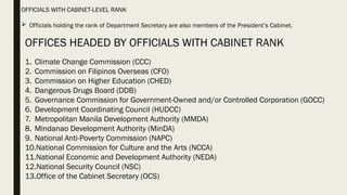 OFFICIALS WITH CABINET-LEVEL RANK
 Officials holding the rank of Department Secretary are also members of the President’s Cabinet.
OFFICES HEADED BY OFFICIALS WITH CABINET RANK
1. Climate Change Commission (CCC)
2. Commission on Filipinos Overseas (CFO)
3. Commission on Higher Education (CHED)
4. Dangerous Drugs Board (DDB)
5. Governance Commission for Government-Owned and/or Controlled Corporation (GOCC)
6. Development Coordinating Council (HUDCC)
7. Metropolitan Manila Development Authority (MMDA)
8. Mindanao Development Authority (MinDA)
9. National Anti-Poverty Commission (NAPC)
10.National Commission for Culture and the Arts (NCCA)
11.National Economic and Development Authority (NEDA)
12.National Security Council (NSC)
13.Office of the Cabinet Secretary (OCS)
 
