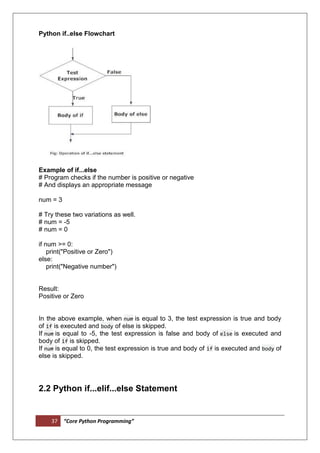 37 “Core Python Programming”
Python if..else Flowchart
Example of if...else
# Program checks if the number is positive or negative
# And displays an appropriate message
num = 3
# Try these two variations as well.
# num = -5
# num = 0
if num >= 0:
print("Positive or Zero")
else:
print("Negative number")
Result:
Positive or Zero
In the above example, when num is equal to 3, the test expression is true and body
of if is executed and body of else is skipped.
If num is equal to -5, the test expression is false and body of else is executed and
body of if is skipped.
If num is equal to 0, the test expression is true and body of if is executed and body of
else is skipped.
2.2 Python if...elif...else Statement
 