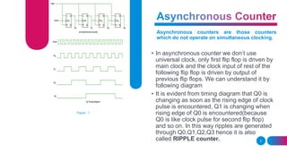 Asynchronous counters are those counters
which do not operate on simultaneous clocking.
• In asynchronous counter we don’t use
universal clock, only first flip flop is driven by
main clock and the clock input of rest of the
following flip flop is driven by output of
previous flip flops. We can understand it by
following diagram
• It is evident from timing diagram that Q0 is
changing as soon as the rising edge of clock
pulse is encountered, Q1 is changing when
rising edge of Q0 is encountered(because
Q0 is like clock pulse for second flip flop)
and so on. In this way ripples are generated
through Q0,Q1,Q2,Q3 hence it is also
called RIPPLE counter.
Figure : 1
5
 