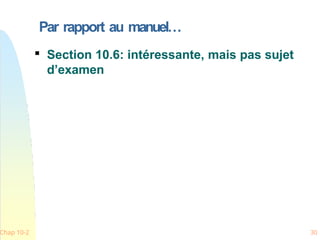 Par rapport au manuel…
Chap 10-2 30

Section 10.6: intéressante, mais pas sujet
d’examen
 