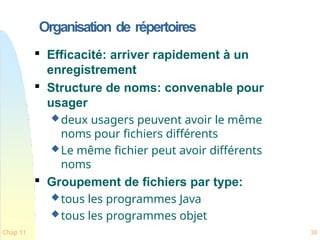 Organisation de répertoires
Chap 11 38

Efficacité: arriver rapidement à un
enregistrement

Structure de noms: convenable pour
usager
deux usagers peuvent avoir le même
noms pour fichiers différents
Le même fichier peut avoir différents
noms

Groupement de fichiers par type:
tous les programmes Java
tous les programmes objet
 