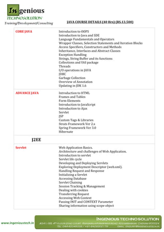 JAVA COURSE DETAILS (40 Hrs) (RS.13,500)

CORE JAVA        Introduction to OOPS
                 Introduction to Java and SDE
                 Language Fundamentals and Operators
                 Wrapper Classes, Selection Statements and Iteration Blocks
                 Access Specifiers, Constructors and Methods
                 Inheritance, Interfaces and Abstract Classes
                 Exception Handling
                 Strings, String Buffer and its functions
                 Collections and Util package
                 Threads
                 I/O operations in JAVA
                 JDBC
                 Garbage Collection
                 Overview of Annotation
                 Updating in JDK 1.6

ADVANCE JAVA     Introduction to HTML
                 Frames and Tables
                 Form Elements
                 Introduction to JavaScript
                 Introduction to Ajax
                 Servlet
                 JSP
                 Custom Tags & Libraries
                 Struts Framework Ver 2.x
                 Spring Framework Ver 3.0
                 Hibernate

          J2EE
Servlet          Web Application Basics.
                 Architecture and challenges of Web Application.
                 Introduction to servlet
                 Servlet life cycle
                 Developing and Deploying Servlets
                 Exploring Deployment Descriptor (web.xml).
                 Handling Request and Response
                 Initializing a Servlet
                 Accessing Database
                 Servlet Chaining
                 Session Tracking & Management
                 Dealing with cookies
                 Transferring Request
                 Accessing Web Context
                 Passing INIT and CONTEXT Parameter
                 Sharing information using scope object
 